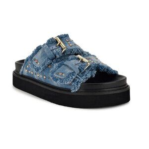 Nine West Eleny Buckle Slide Sandals Blue Frayed Denim Studded Size 8 NWOB